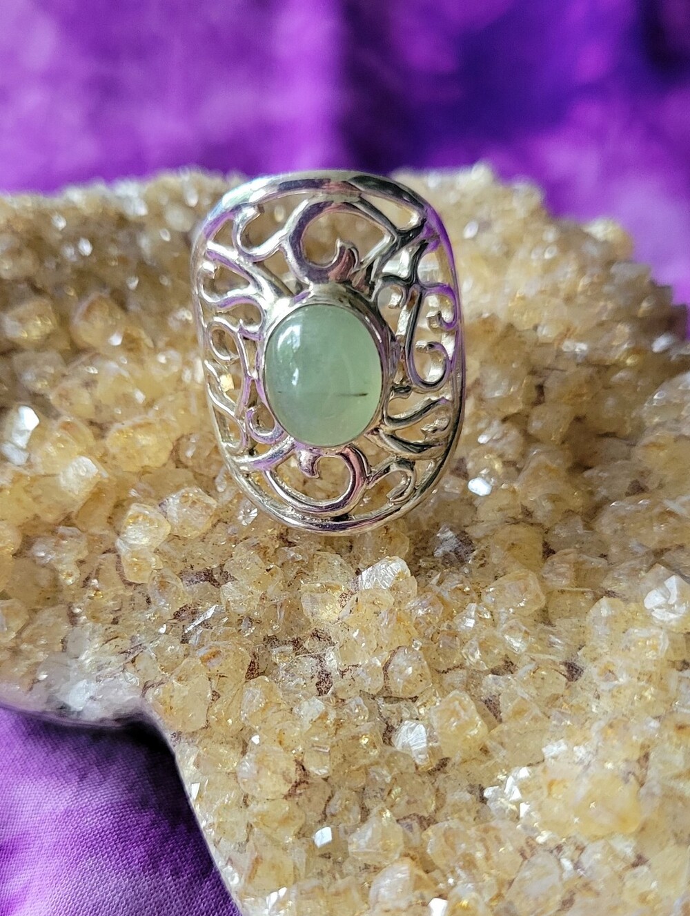 Sterling Silver with natural Prehnite Gypsy Style Band Ring